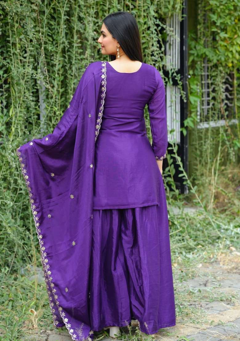 Violet Embroidered Silk Blend Sharara Set - Indya