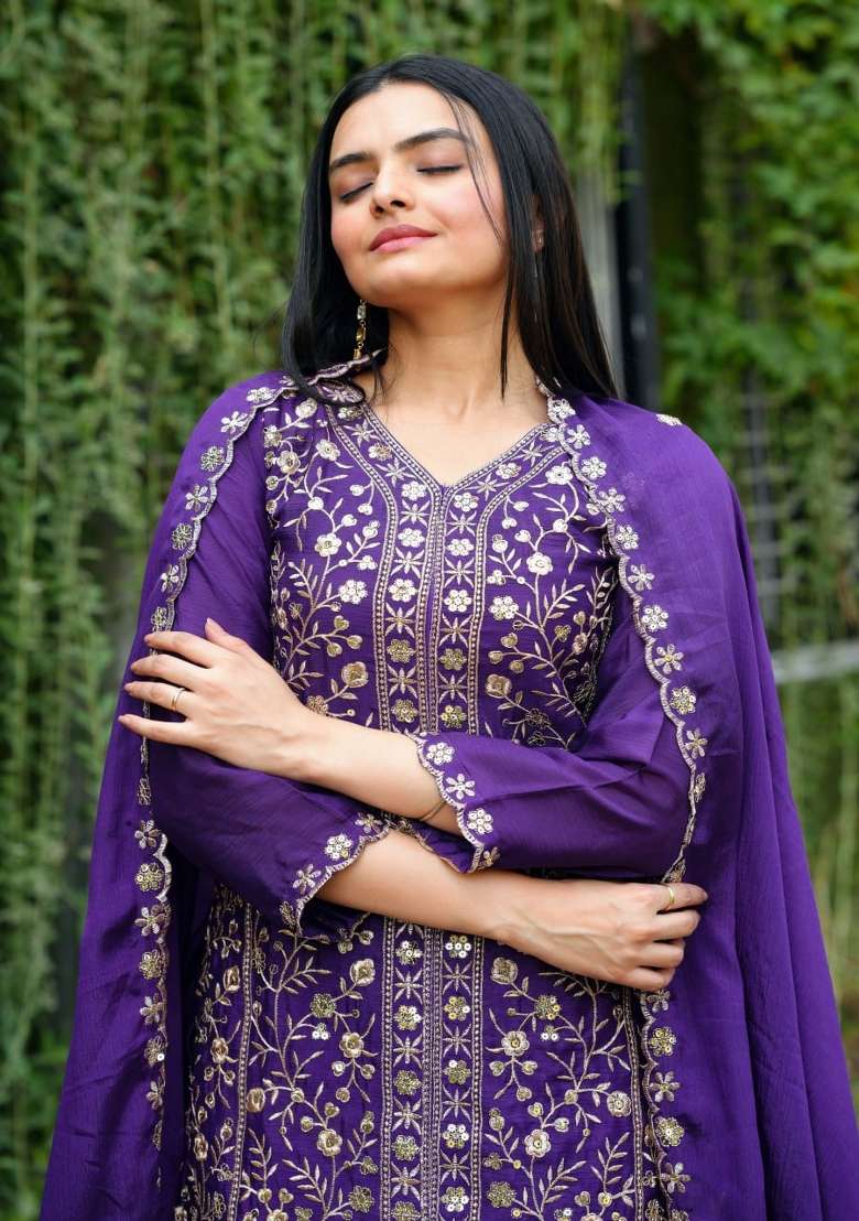 Violet Embroidered Silk Blend Sharara Set - Indya