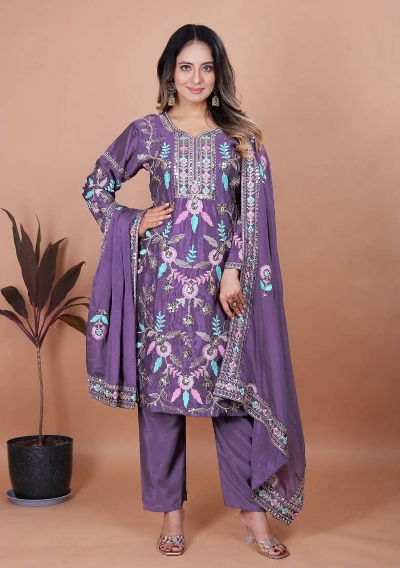 Lavender Embroidered Silk Blend Straight Kurta Set - Indya