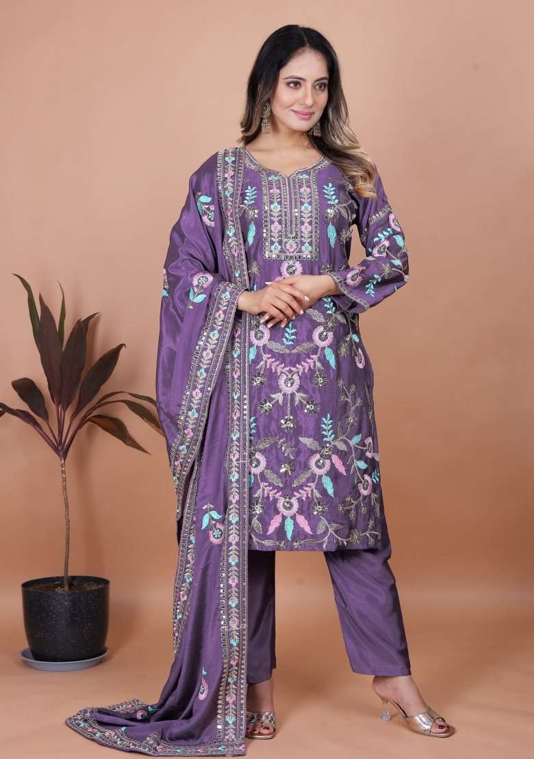 Lavender Embroidered Silk Blend Straight Kurta Set - Indya