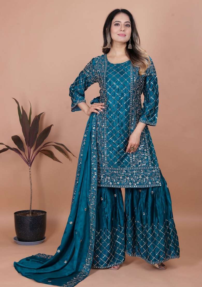 Aqua Blue Embroidered Silk Blend Sharara Set - Indya