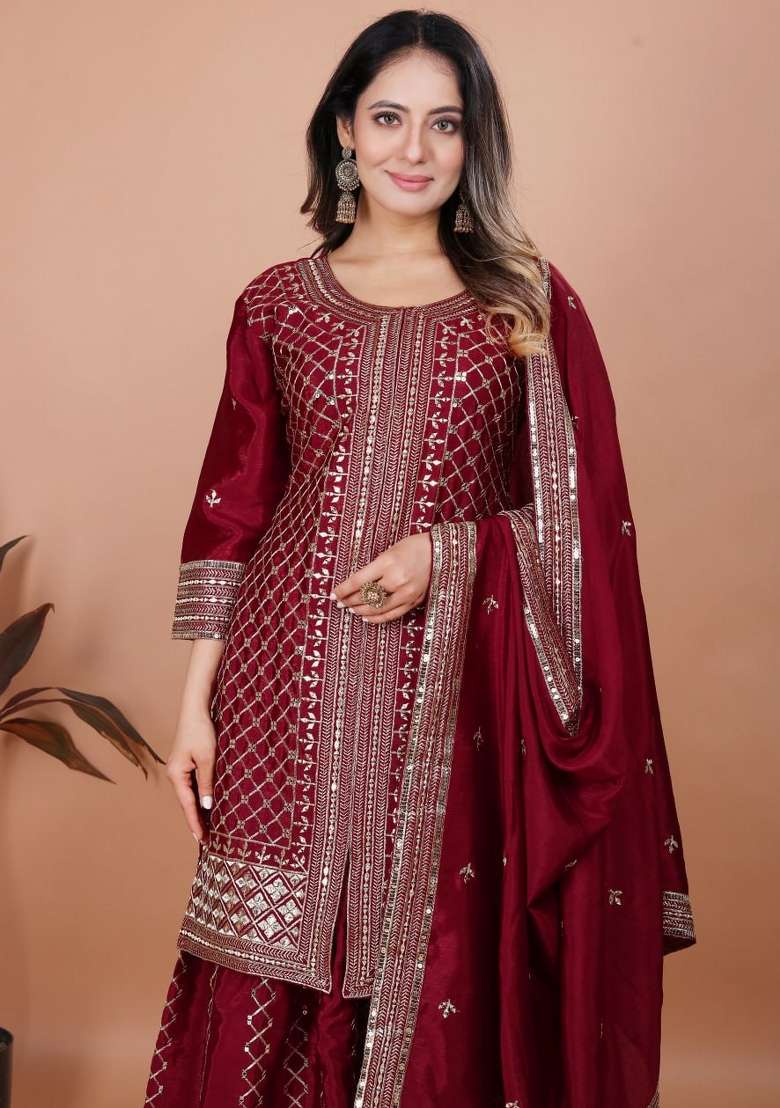 Maroon Embroidered Silk Blend Sharara Set - Indya