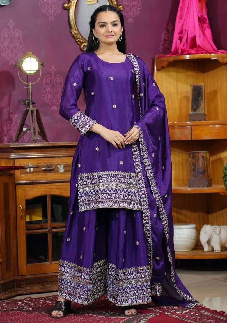 Violet Embroidered Silk Blend Sharara Set - Indya