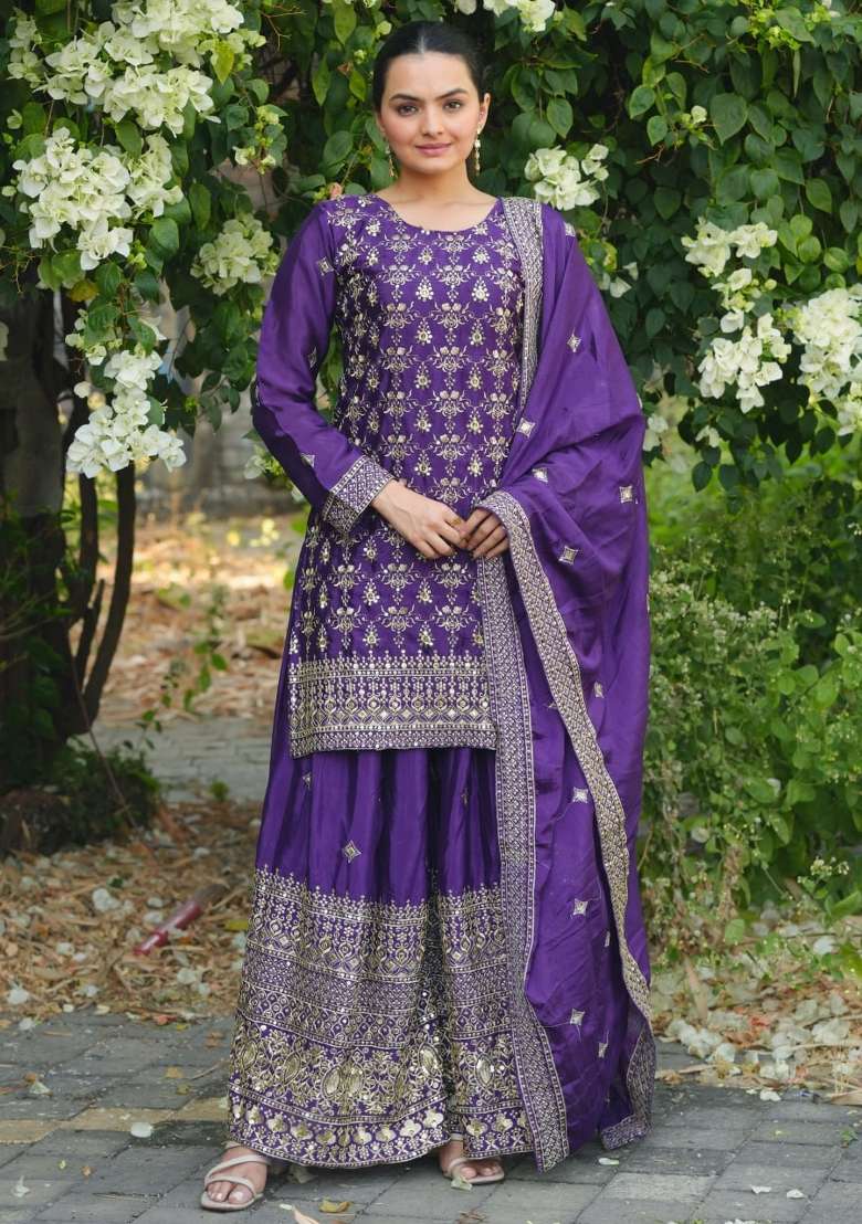 Violet Embroidered Silk Blend Sharara Set - Indya