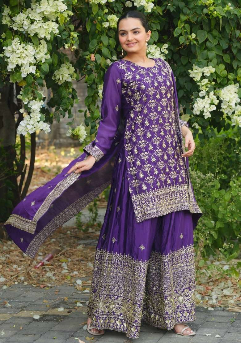 Violet Embroidered Silk Blend Sharara Set - Indya