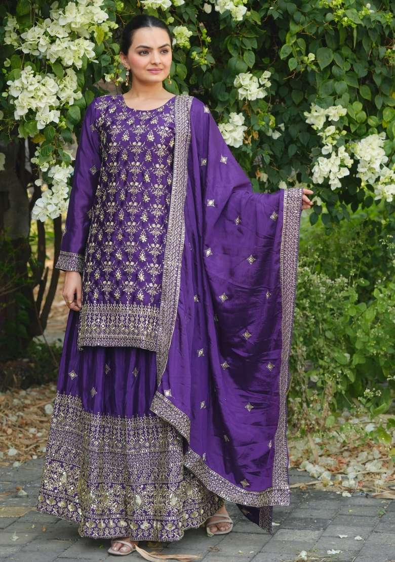 Violet Embroidered Silk Blend Sharara Set - Indya
