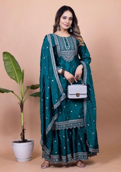 Rama Embroidered Silk Sharara Set — view on Indya