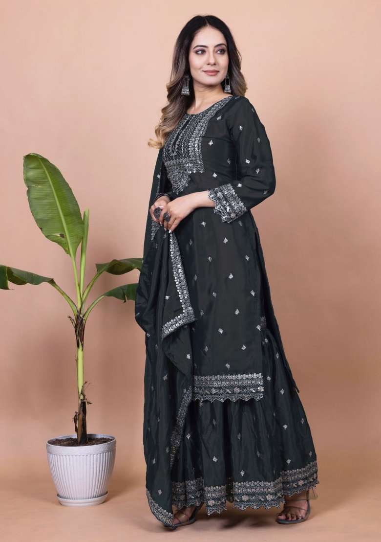 Black Embroidered Silk Blend Sharara Set - Indya