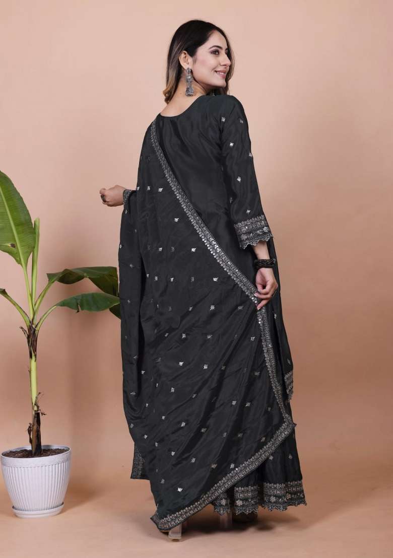 Black Embroidered Silk Blend Sharara Set - Indya