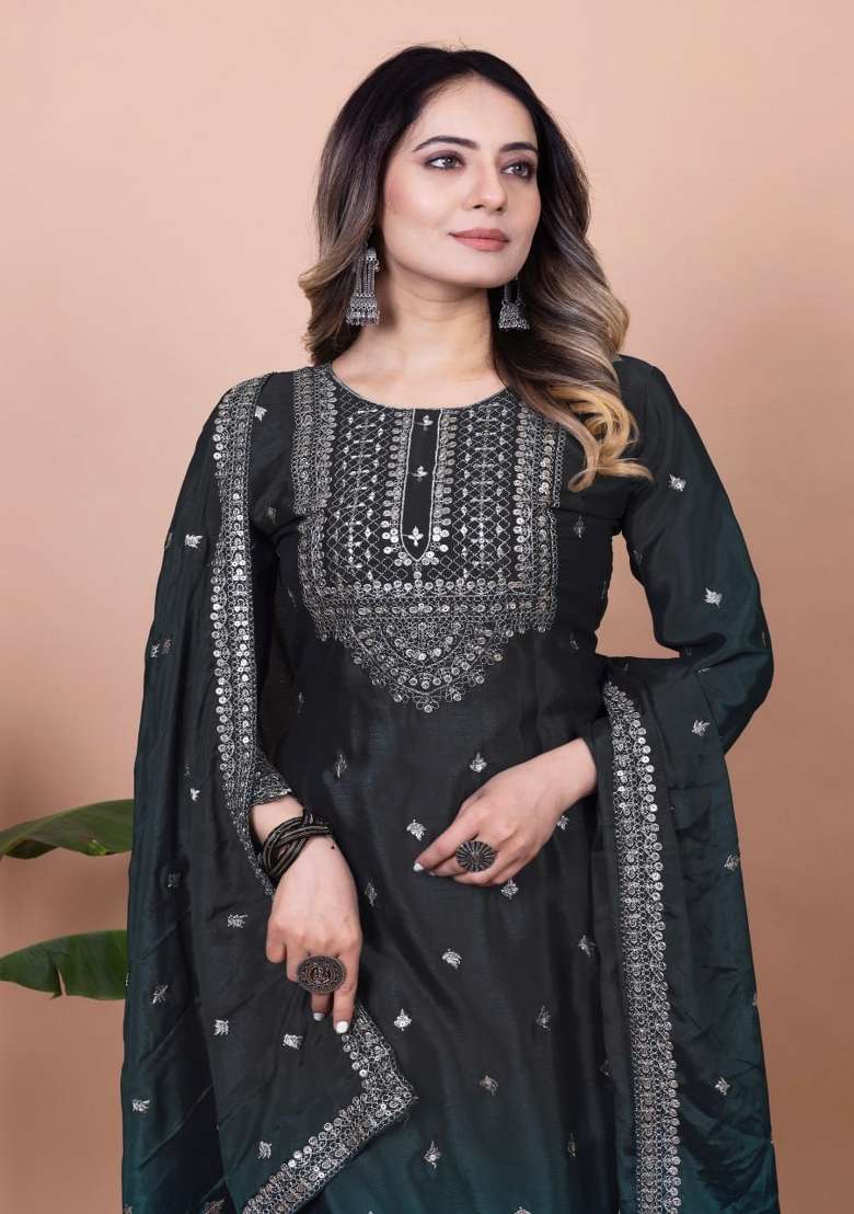 Black Embroidered Silk Blend Sharara Set - Indya