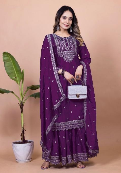Purple Embroidered Silk Sharara Set — view on Indya