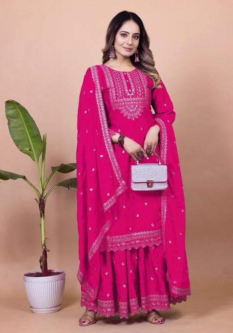 Pink Embroidered Silk Sharara Set — view on Indya