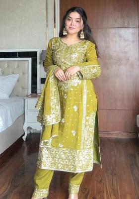 Lime Green Embroidered Silk Salwar Kameez