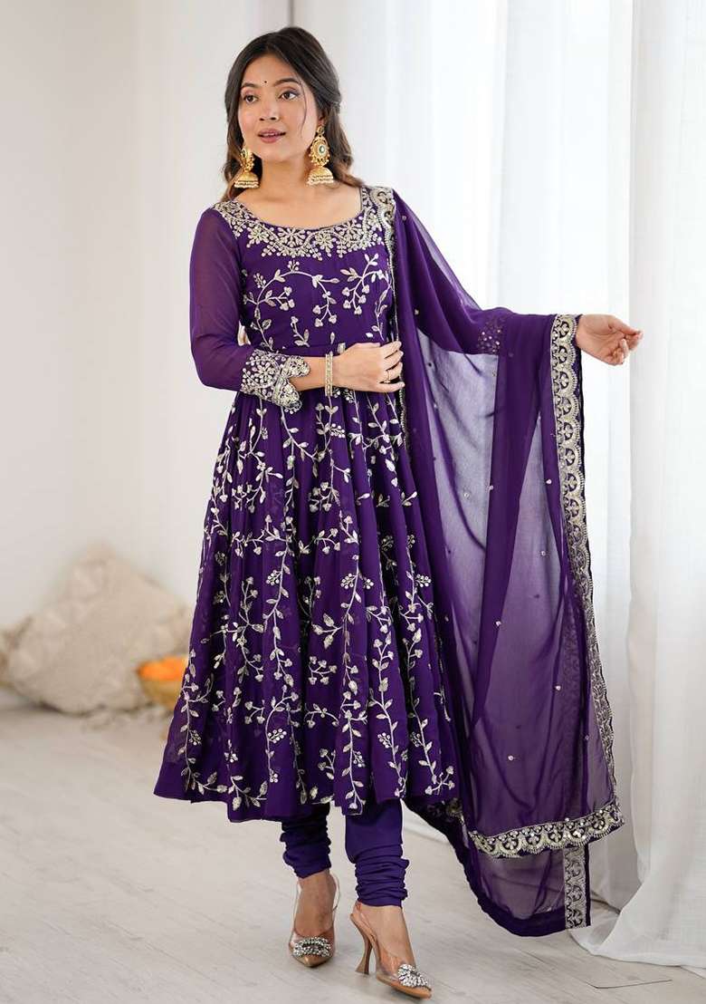 Violet Embroidered Georgette Anarkali Set - Indya