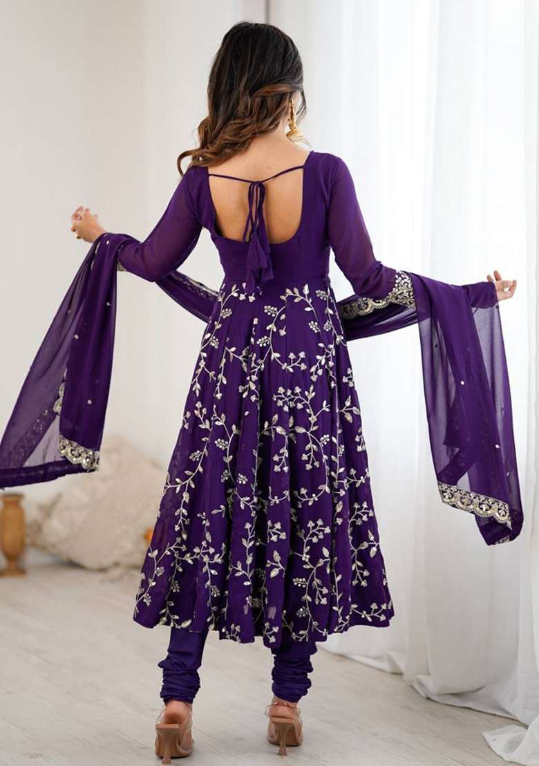 Violet Embroidered Georgette Anarkali Set - Indya
