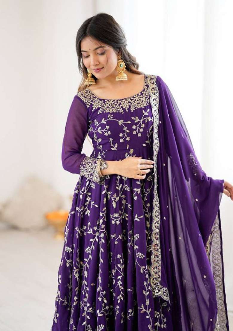 Violet Embroidered Georgette Anarkali Set - Indya