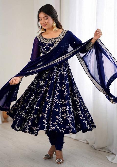 Blue Embroidered Georgette Anarkali Set — view on Indya