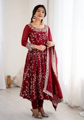 Maroon Embroidered Georgette Anarkali Set