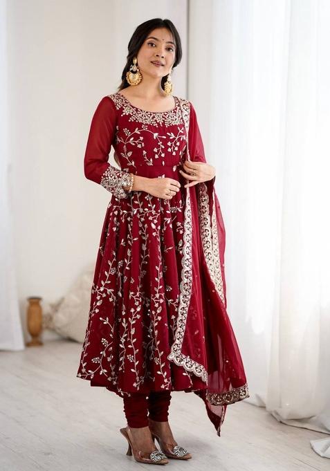 Maroon Embroidered Georgette Anarkali Set — view on Indya