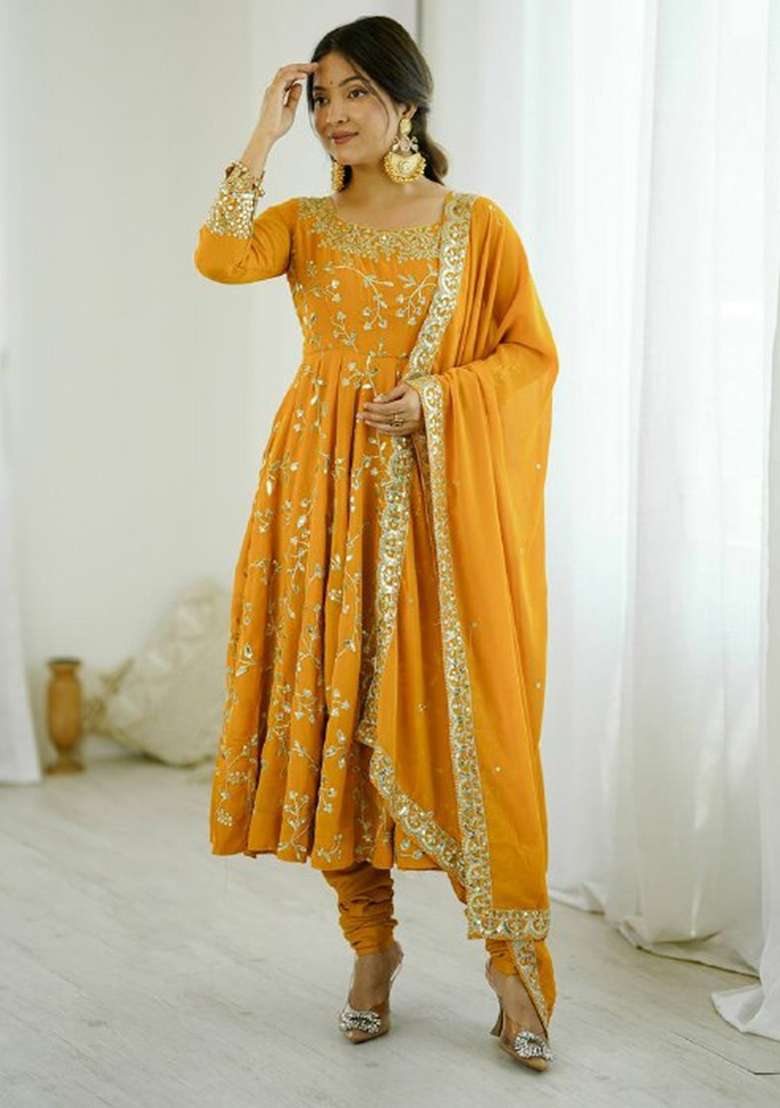 Yellow Embroidered Georgette Anarkali Set - Indya