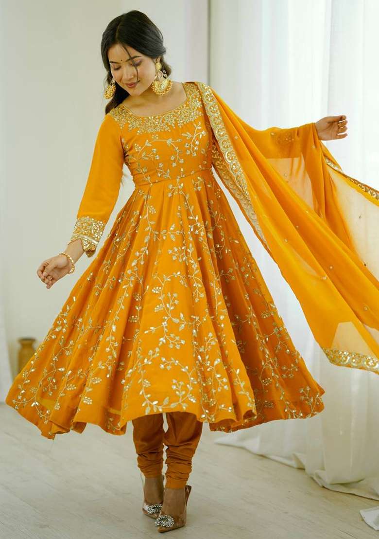 Yellow Embroidered Georgette Anarkali Set - Indya