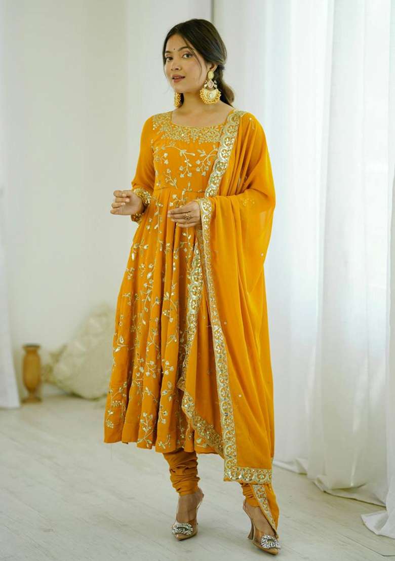 Yellow Embroidered Georgette Anarkali Set - Indya