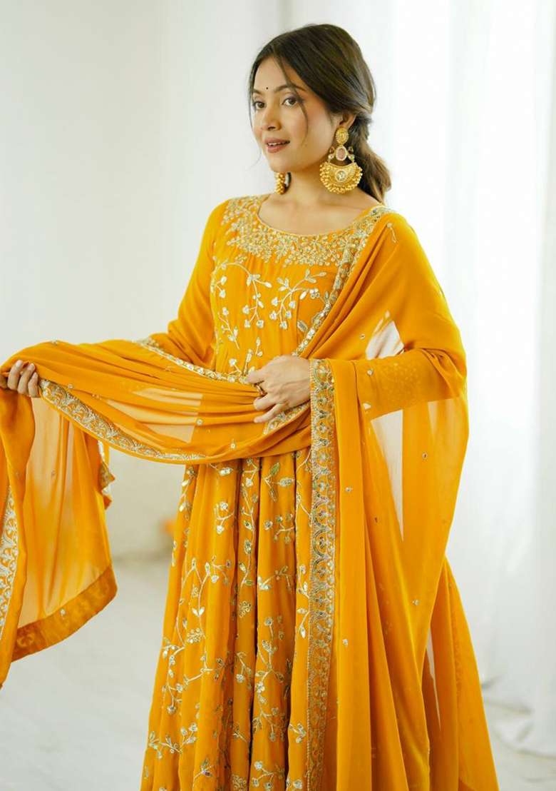Yellow Embroidered Georgette Anarkali Set - Indya