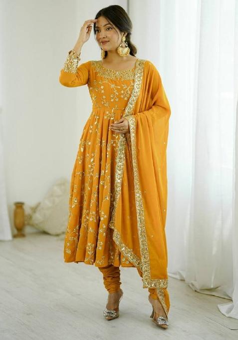 Yellow Embroidered Georgette Anarkali Set
