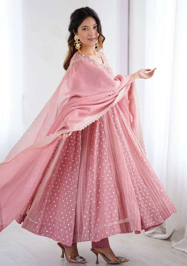 Onion Pink Embroidered Silk Blend Anarkali Set - Indya