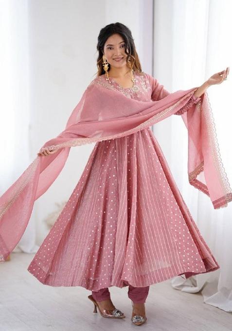Onion Pink Embroidered Silk Anarkali Set