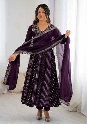 Purple Embroidered Silk Blend Anarkali Set