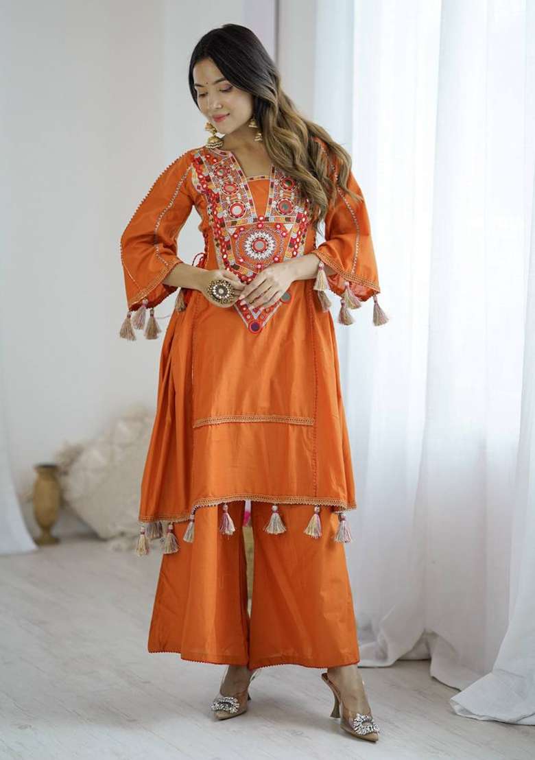 Orange Mirror Work Khadi A Line Kurta Set - Indya