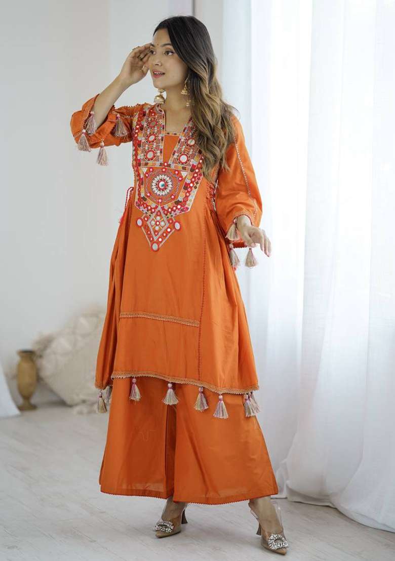 Orange Mirror Work Khadi A Line Kurta Set - Indya