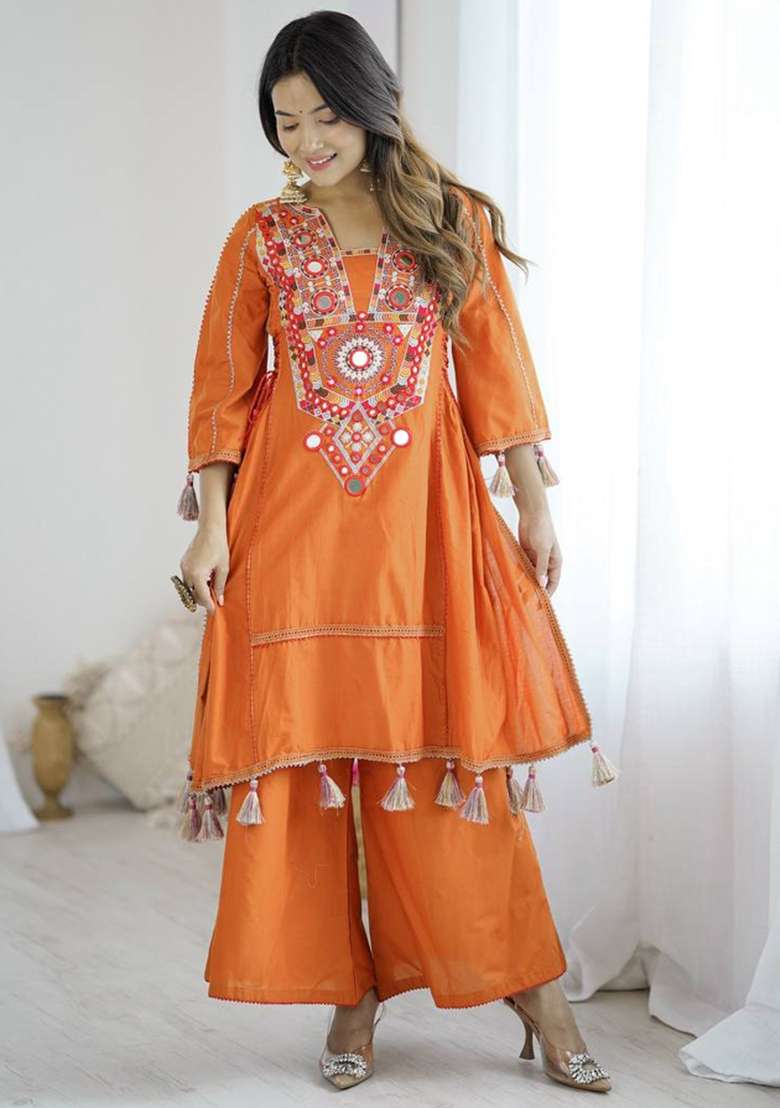 Orange Mirror Work Khadi A Line Kurta Set - Indya