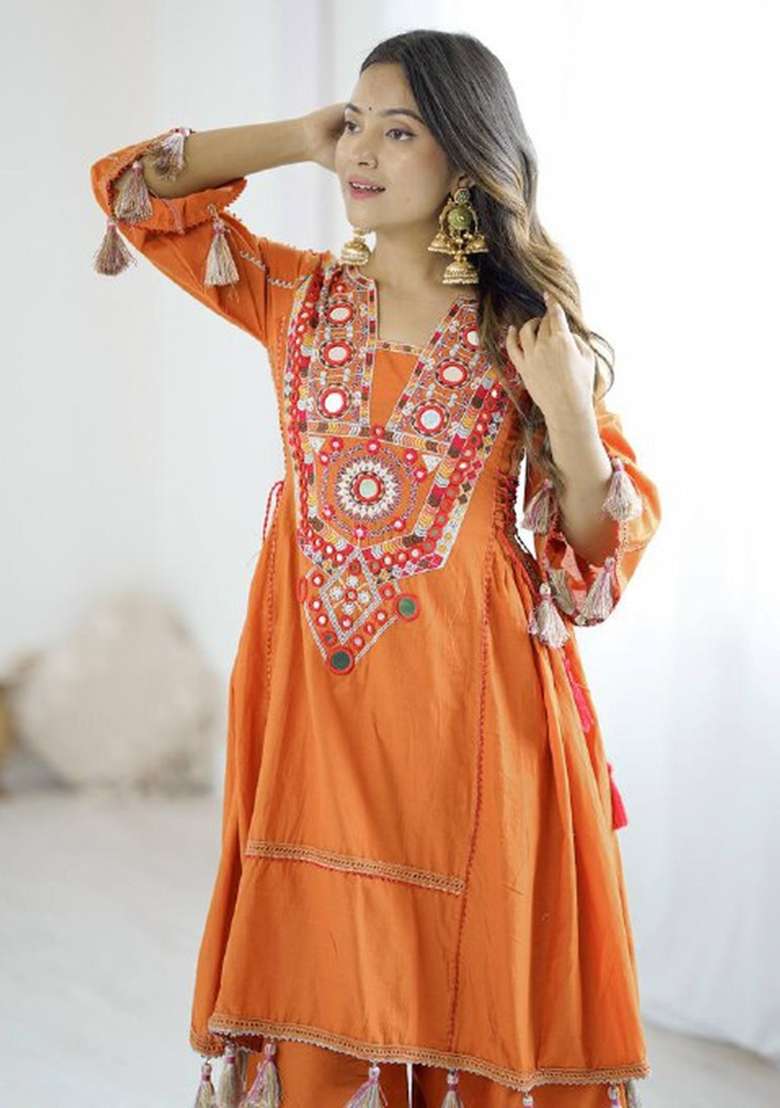 Orange Mirror Work Khadi A Line Kurta Set - Indya