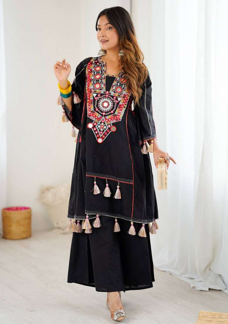 Black Mirror Work Khadi A Line Kurta Set - Indya