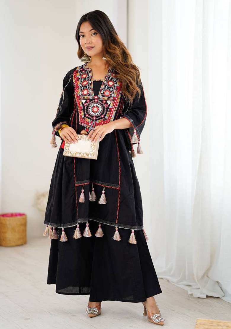 Black Mirror Work Khadi A Line Kurta Set - Indya