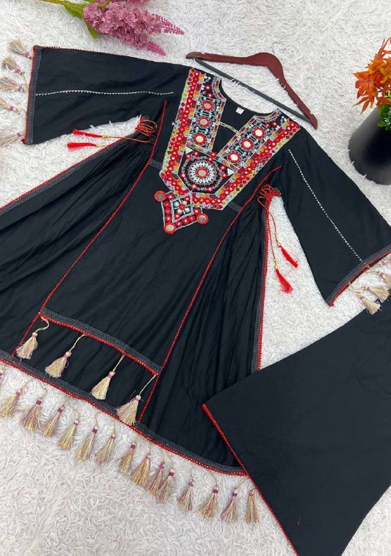 Black Mirror Work Khadi A Line Kurta Set - Indya