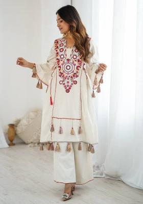 White Mirror Work Khadi Cotton Salwar Kameez