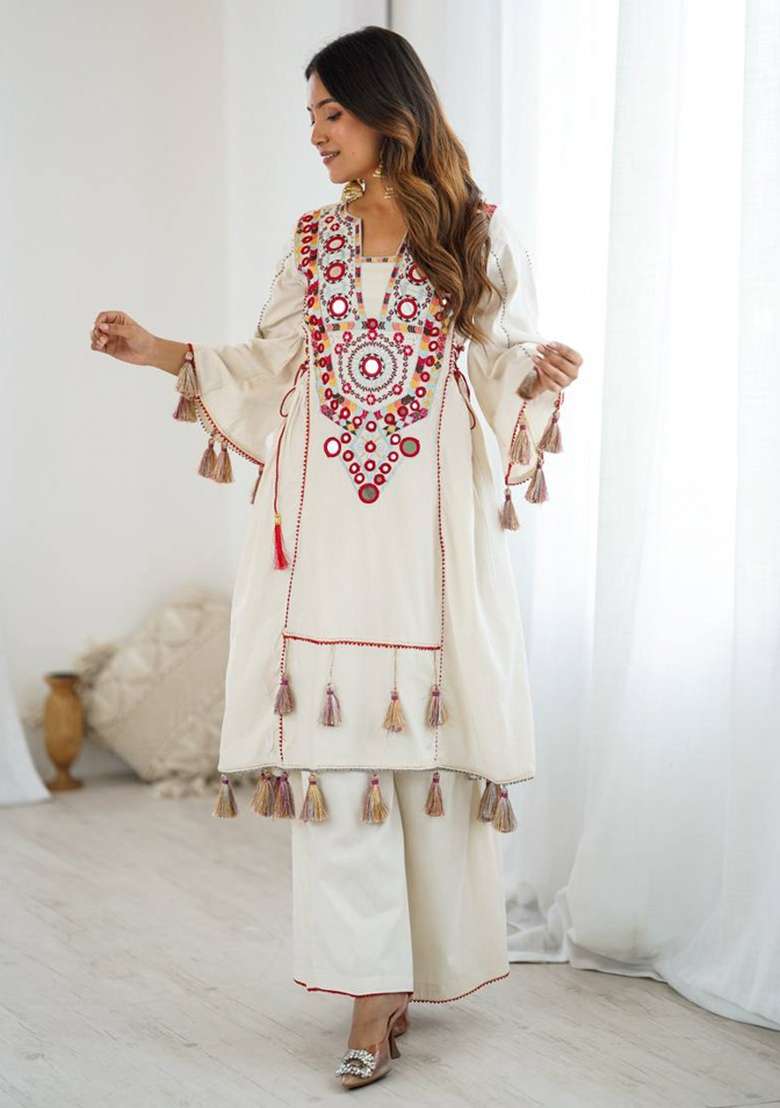 White Mirror Work Khadi A Line Kurta Set - Indya