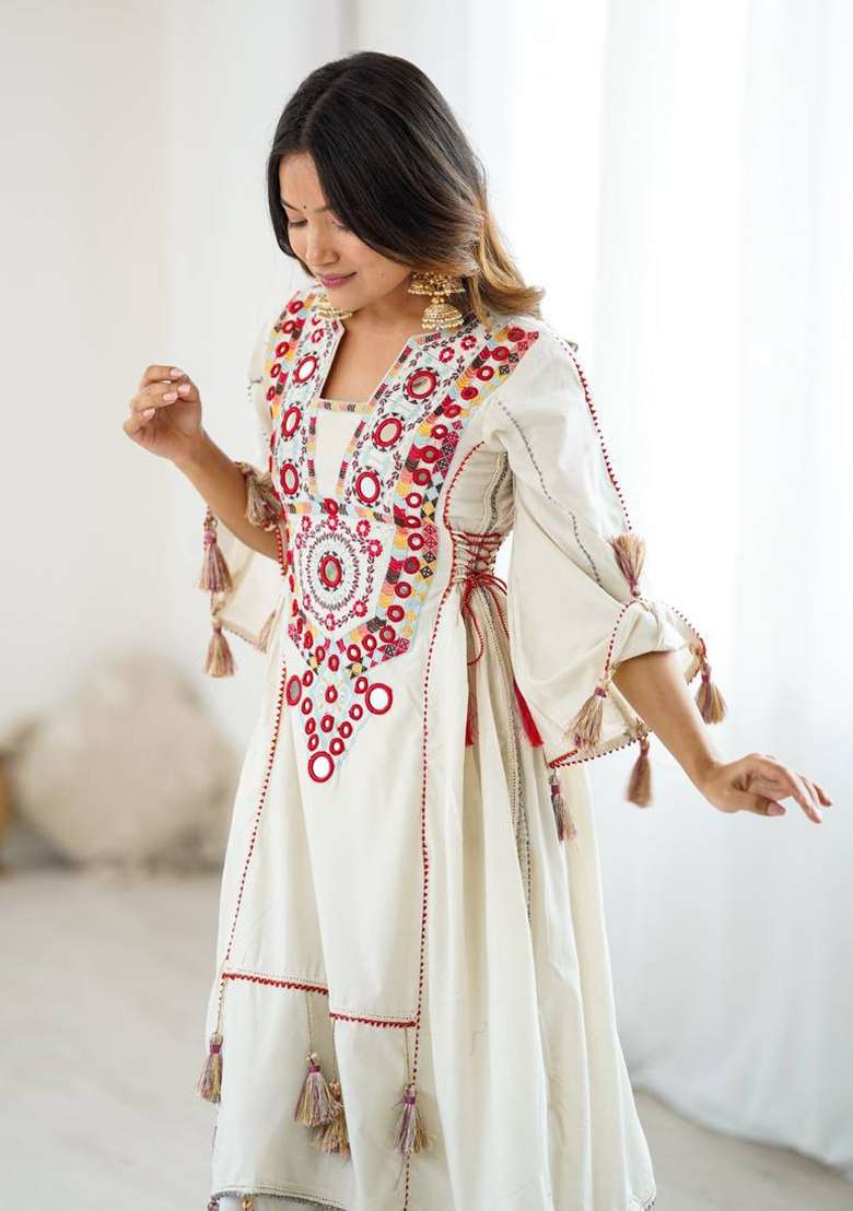 White Mirror Work Khadi A Line Kurta Set - Indya