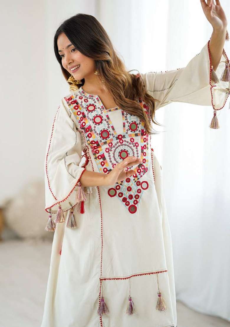 White Mirror Work Khadi A Line Kurta Set - Indya