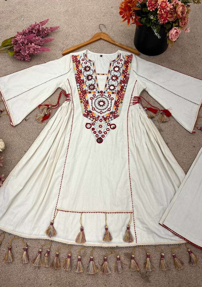 White Mirror Work Khadi A Line Kurta Set - Indya
