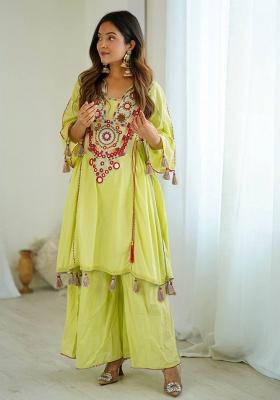 Lime Green Mirror Work Khadi Cotton Salwar Kameez
