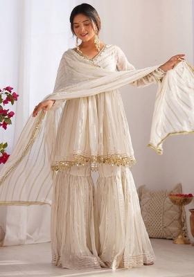 Off White Mirror Work Silk Salwar Kameez