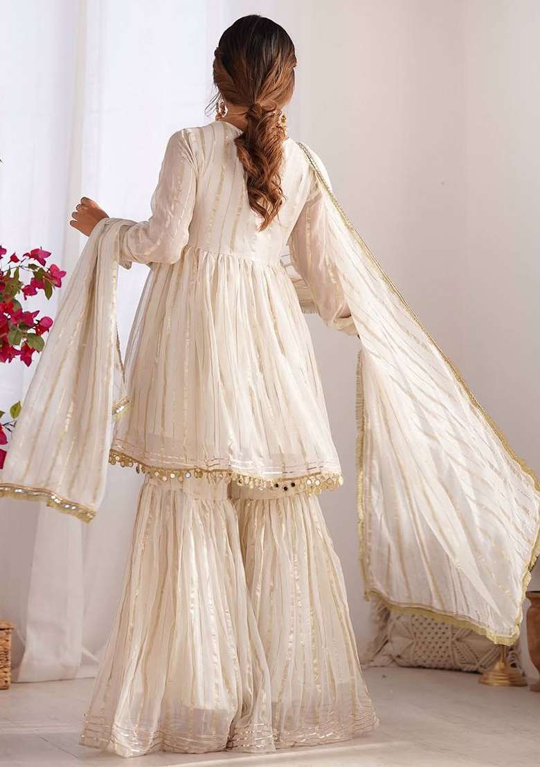 Off White Zari Work Silk Blend Sharara Set - Indya