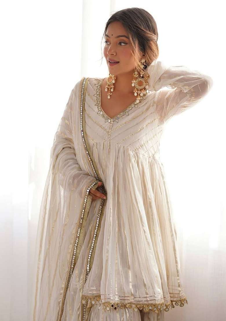 Off White Zari Work Silk Blend Sharara Set - Indya