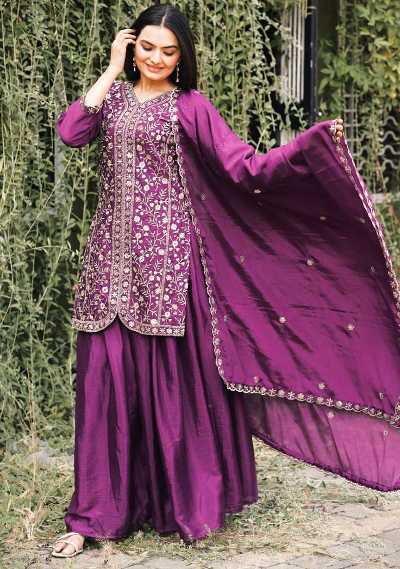 Wine Embroidered Silk Blend Sharara Set - Indya