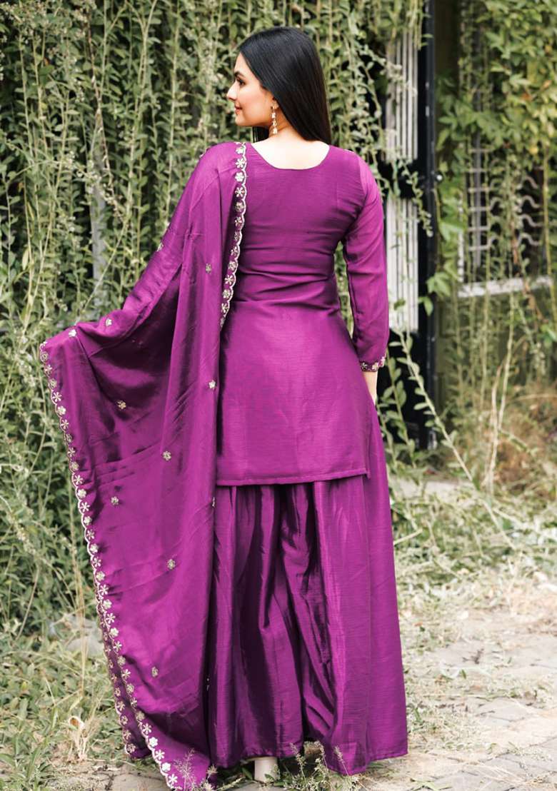 Wine Embroidered Silk Blend Sharara Set - Indya