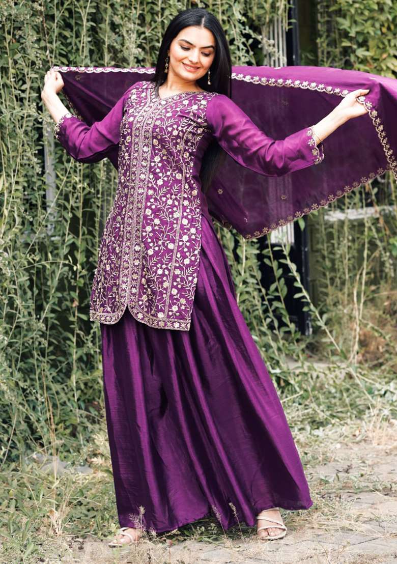 Wine Embroidered Silk Blend Sharara Set - Indya